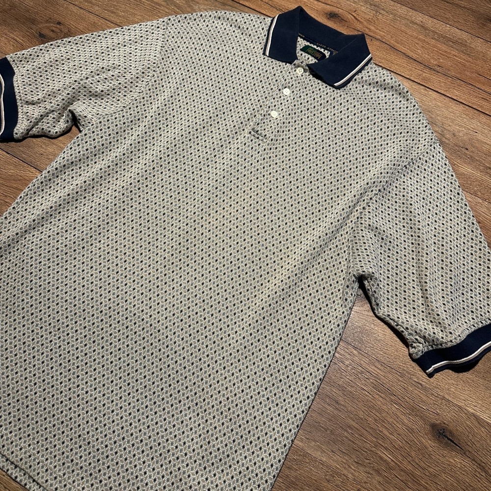 Vintage Fairway Sport Steve Stricker Tan Navy Geometric Polo Shirt Men Large